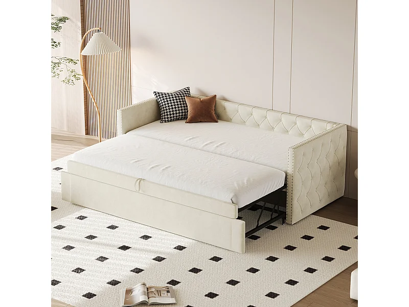 Letto per bambini 90x200 cm - Per bambini Letto 90x200 cm - con rete a doghe - in velluto - beige - senza materasso