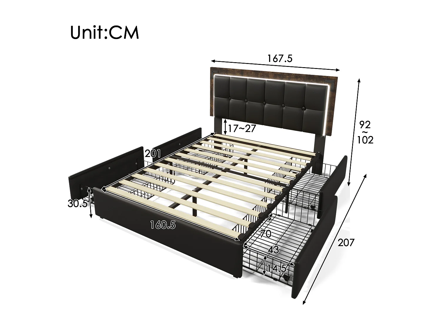 Bett für Erwachsene 160x200 cm – mit verstellbarem Kopfteil, LED-Beleuchtung, 4 Schubladen, Lattenrost – Kunstleder – Schwarz – inklusive Matratze