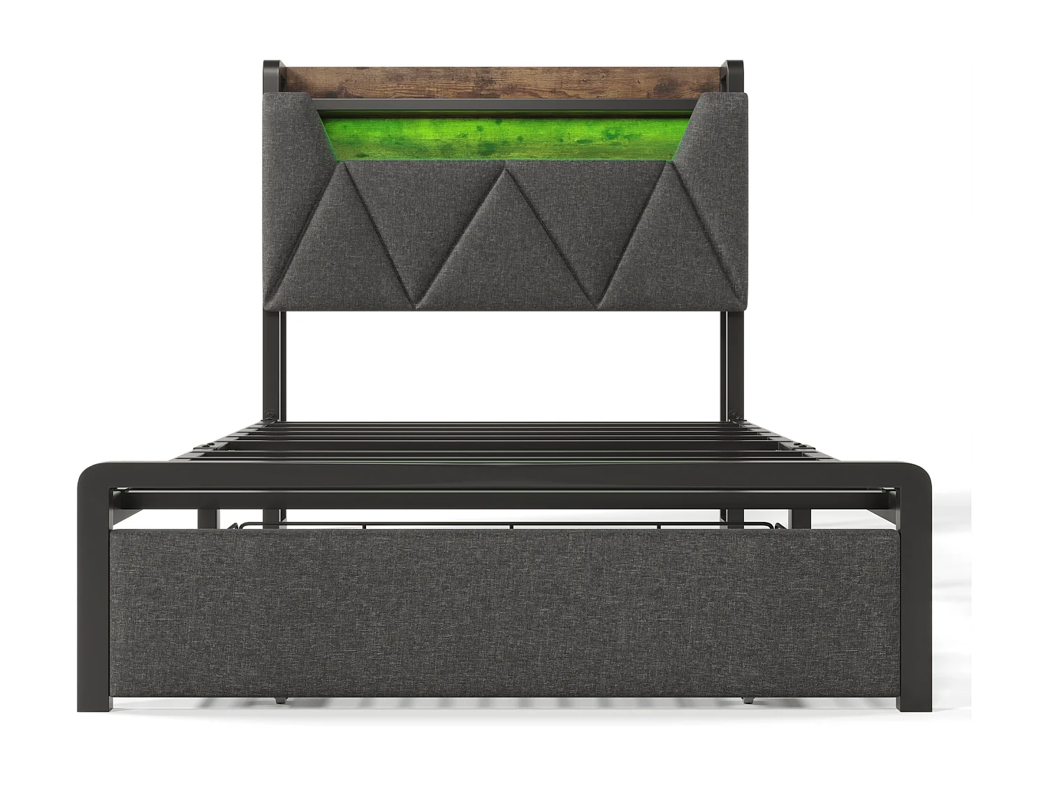 Łóżko dla dzieci 90x200 cm - z zagłówkiem i schowkiem, USB i gniazdo typu C, oświetlenie LED, szuflady - szary len - materac w cenie