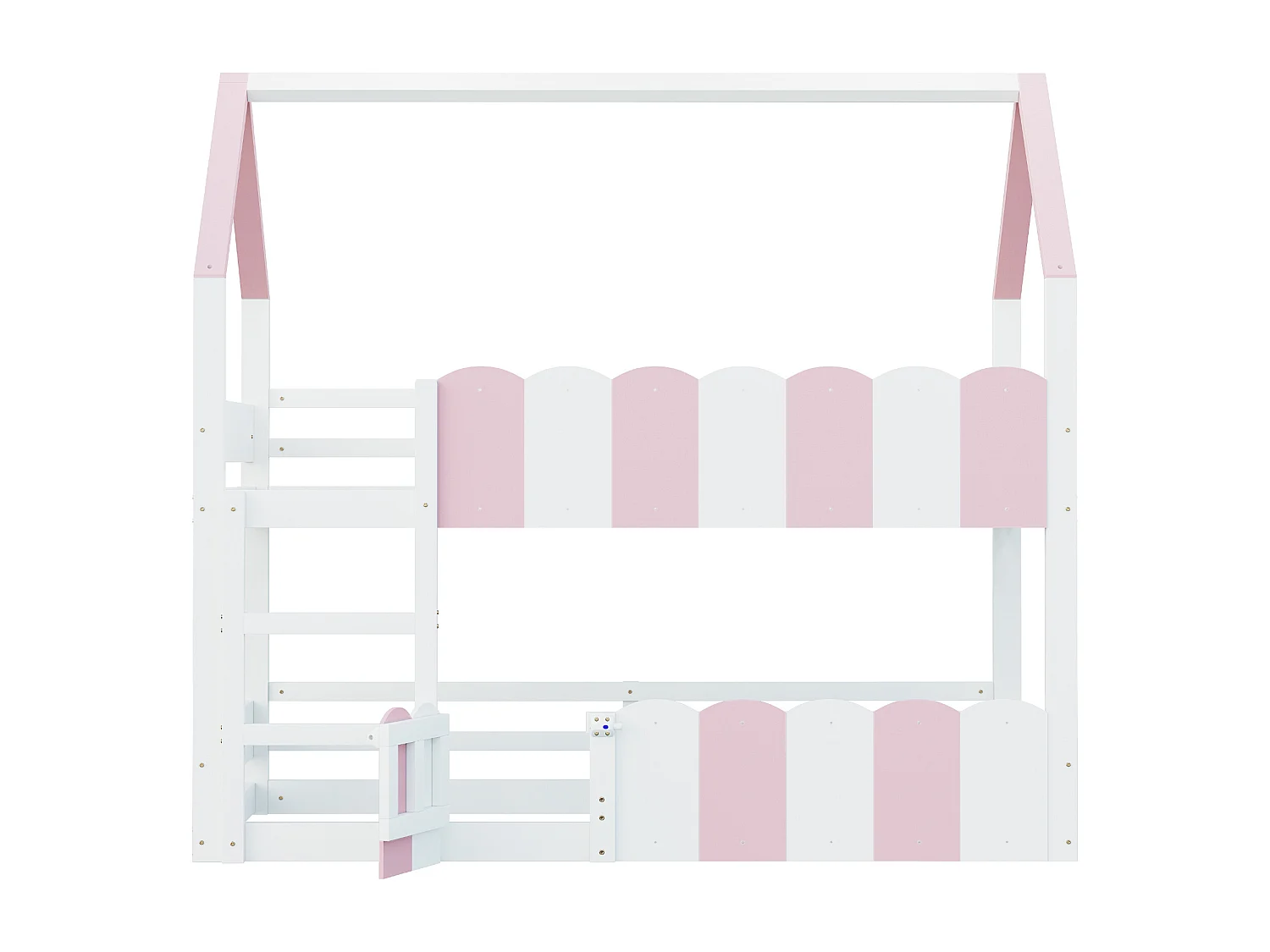 Stapelbed 90 x 200 cm - Kinderbed met uitvalbeveiliging en trap - roze en wit hout - matras niet inbegrepen