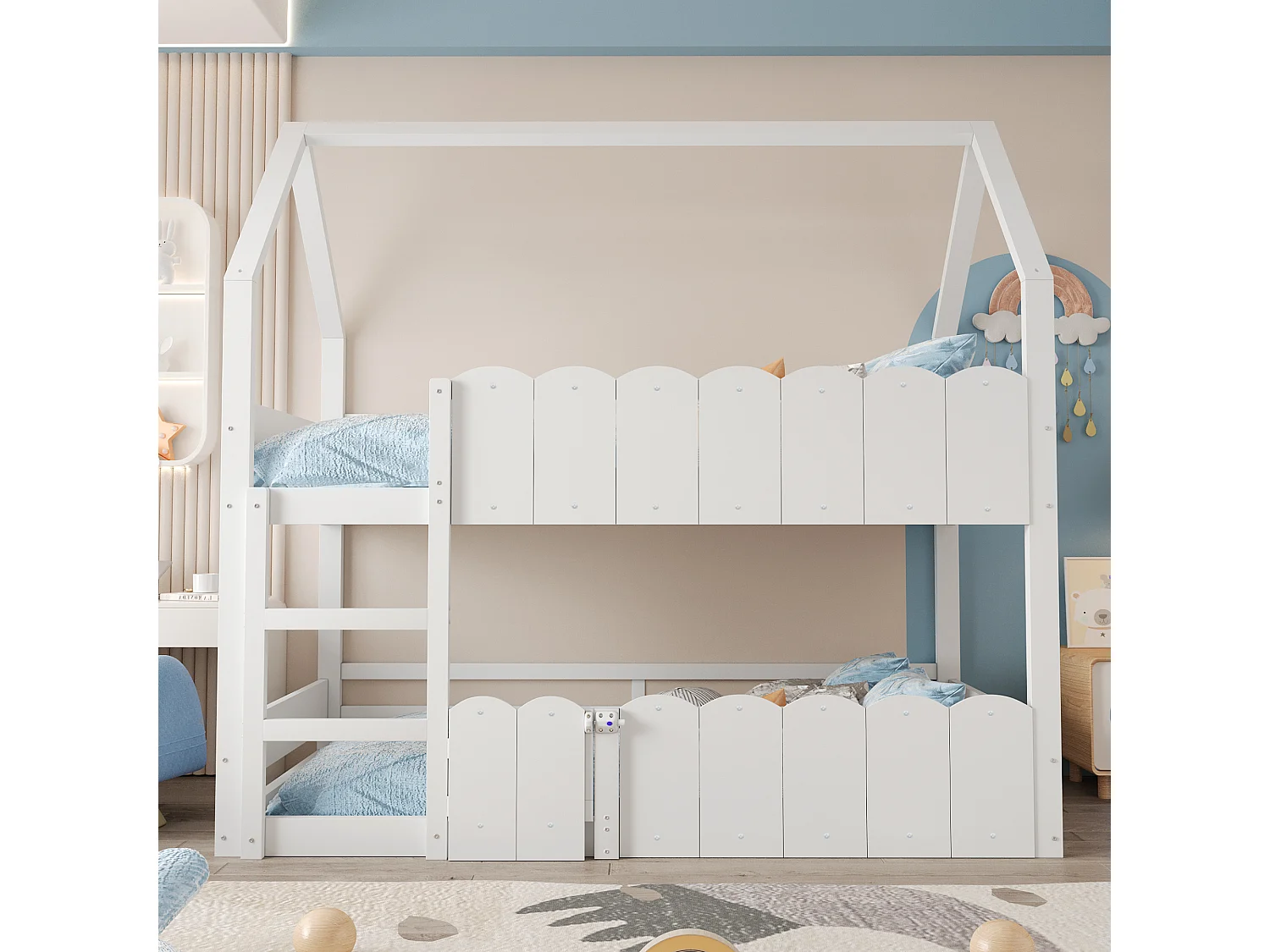Litera de 90 x 200 cm - Cama infantil con barandillas de seguridad y escalera - madera blanca - colchón no incluido
