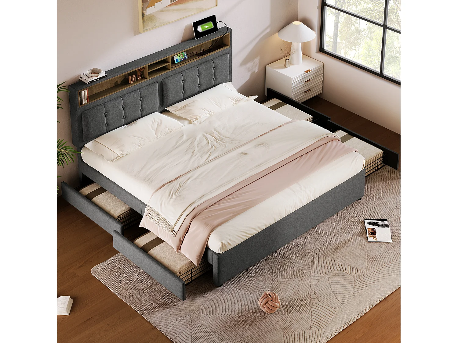 Lit adulte 160x200 cm - avec tête de lit avec rangement, 4 tiroirs, USB/Type-C, lattes - en lin - gris - matelas inclus