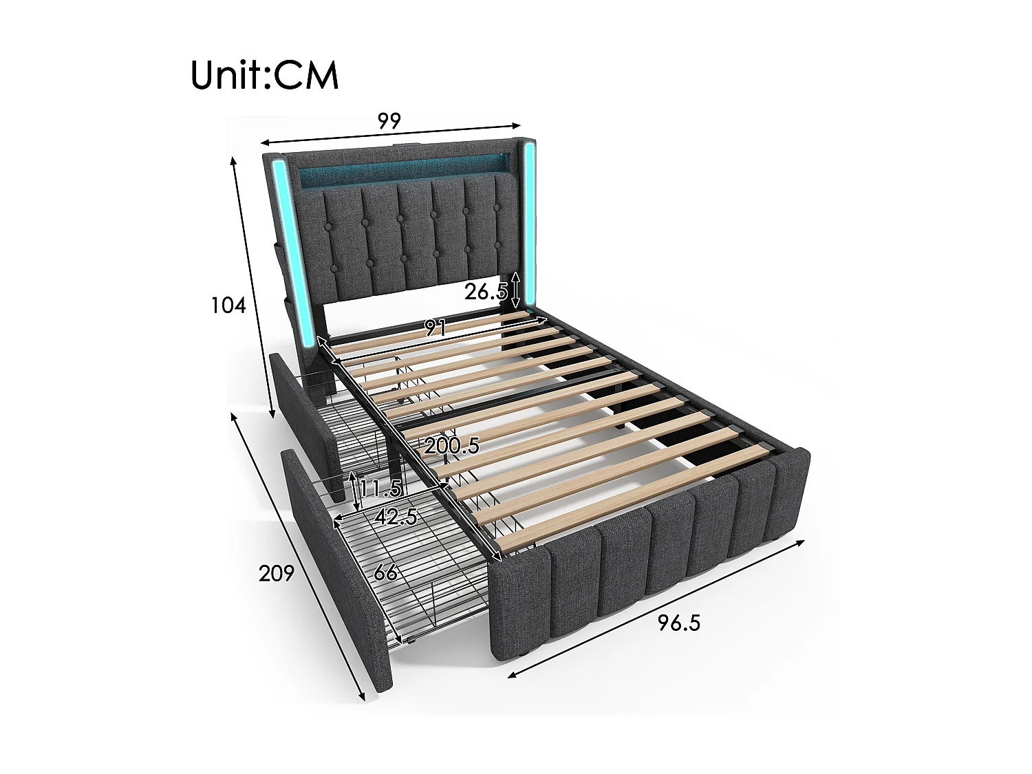 Cama infantil de 90 x 200 cm - con cabecero con almacenaje, 2 cajones, USB/Tipo C, iluminación LED - lino gris - colchón incluido
