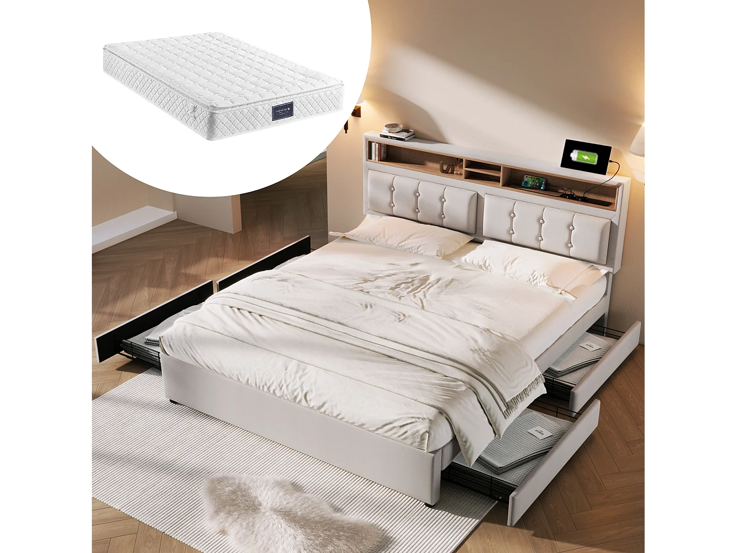 Cama para adultos de 160 x 200 cm - con cabecero con almacenaje, 4 cajones, USB/Tipo C, somier - lino - beige - colchón incluido
