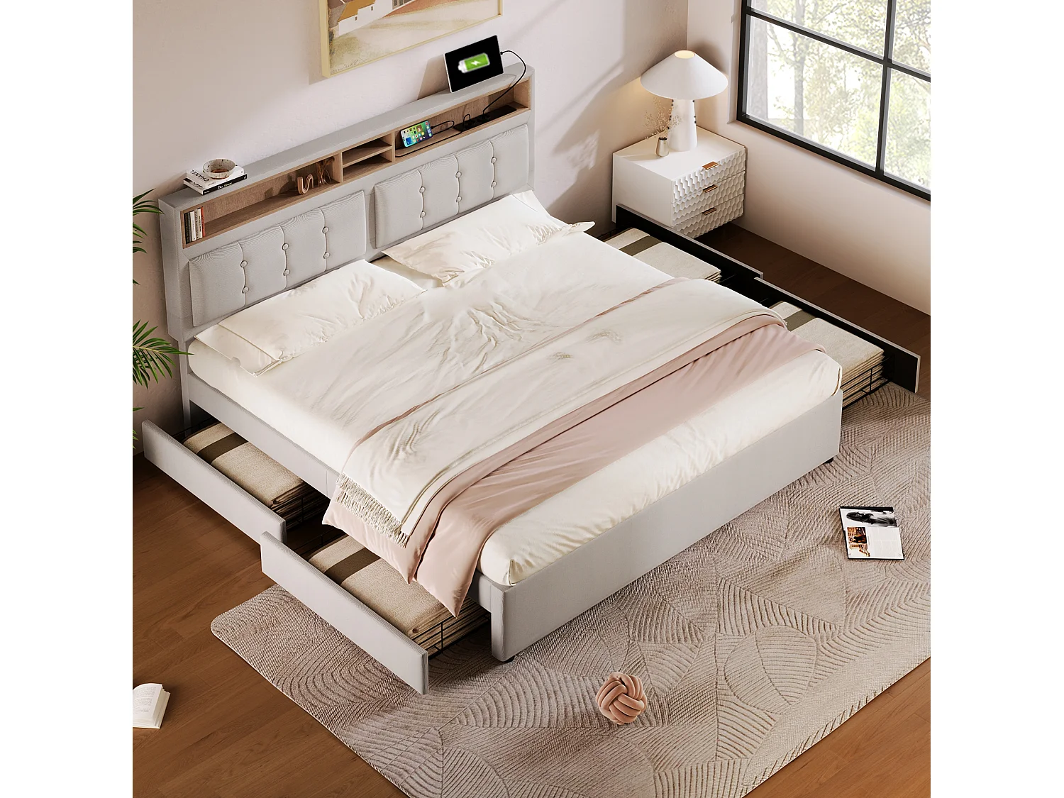Cama para adultos de 160 x 200 cm - con cabecero con almacenaje, 4 cajones, USB/Tipo C, somier - lino - beige - colchón incluido