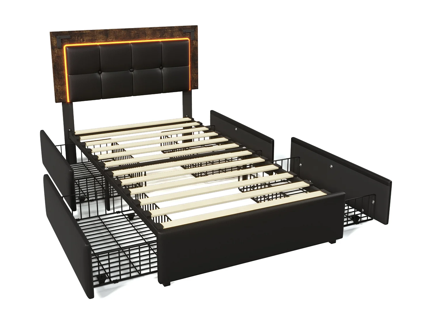 Cama infantil de 90 x 200 cm - con cabecero ajustable, iluminación LED, 4 cajones - negro - colchón incluido.