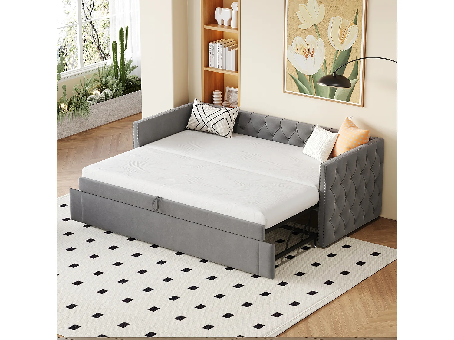 Letto per bambini 90x200 cm - con rete a doghe - in velluto - grigio - senza materasso