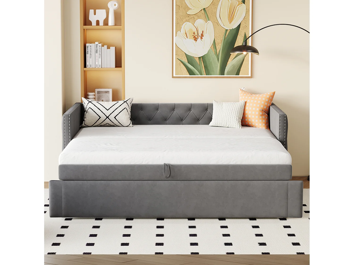 Letto per bambini 90x200 cm - con rete a doghe - in velluto - grigio - senza materasso