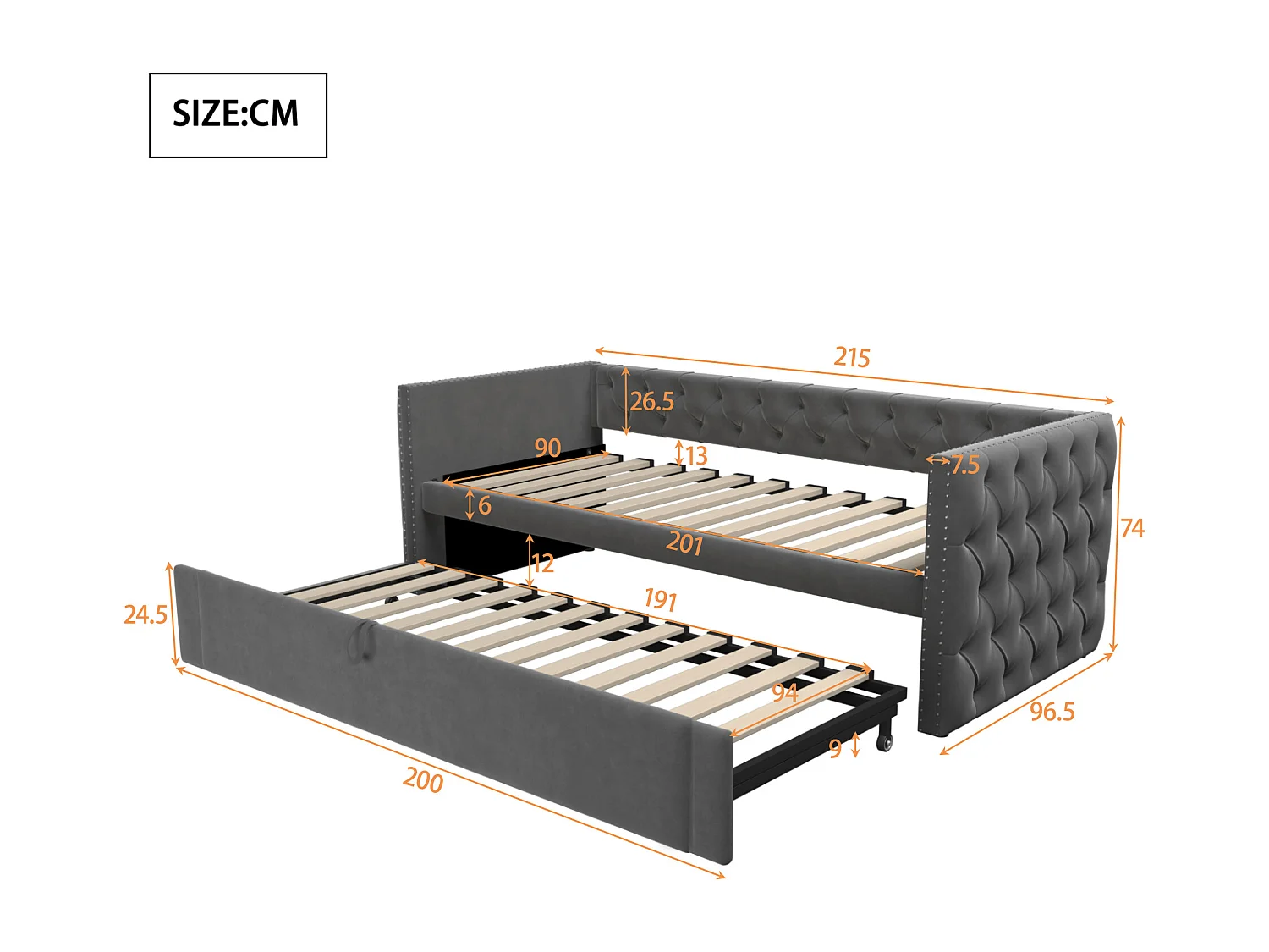 Letto per bambini 90x200 cm - con rete a doghe - in velluto - grigio - senza materasso