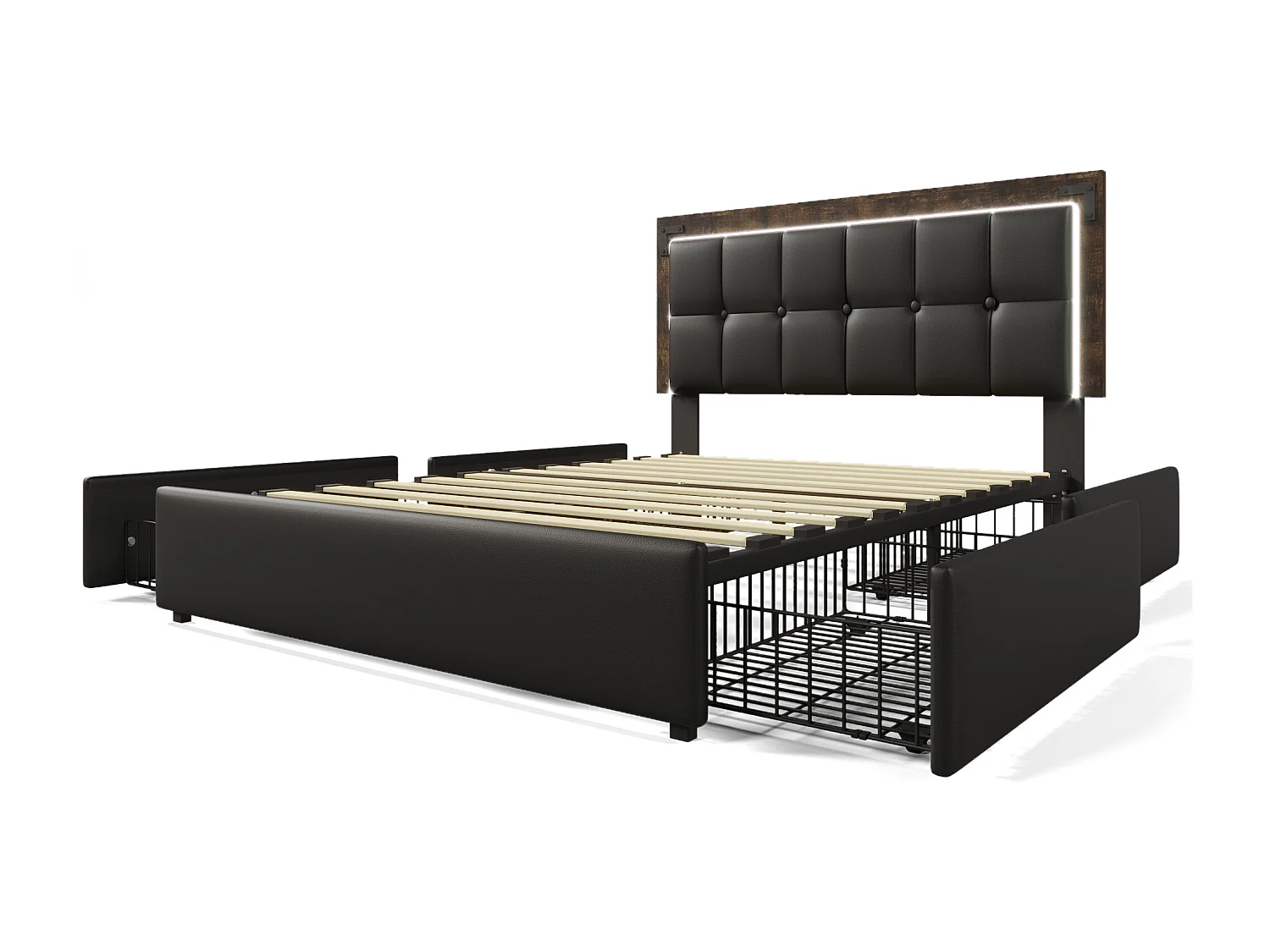 Bett für Erwachsene 140x200 cm – mit Kopfteil, 4 Schubladen, LED-Beleuchtung, Lattenrost – Kunstleder – Schwarz – inklusive Matratze