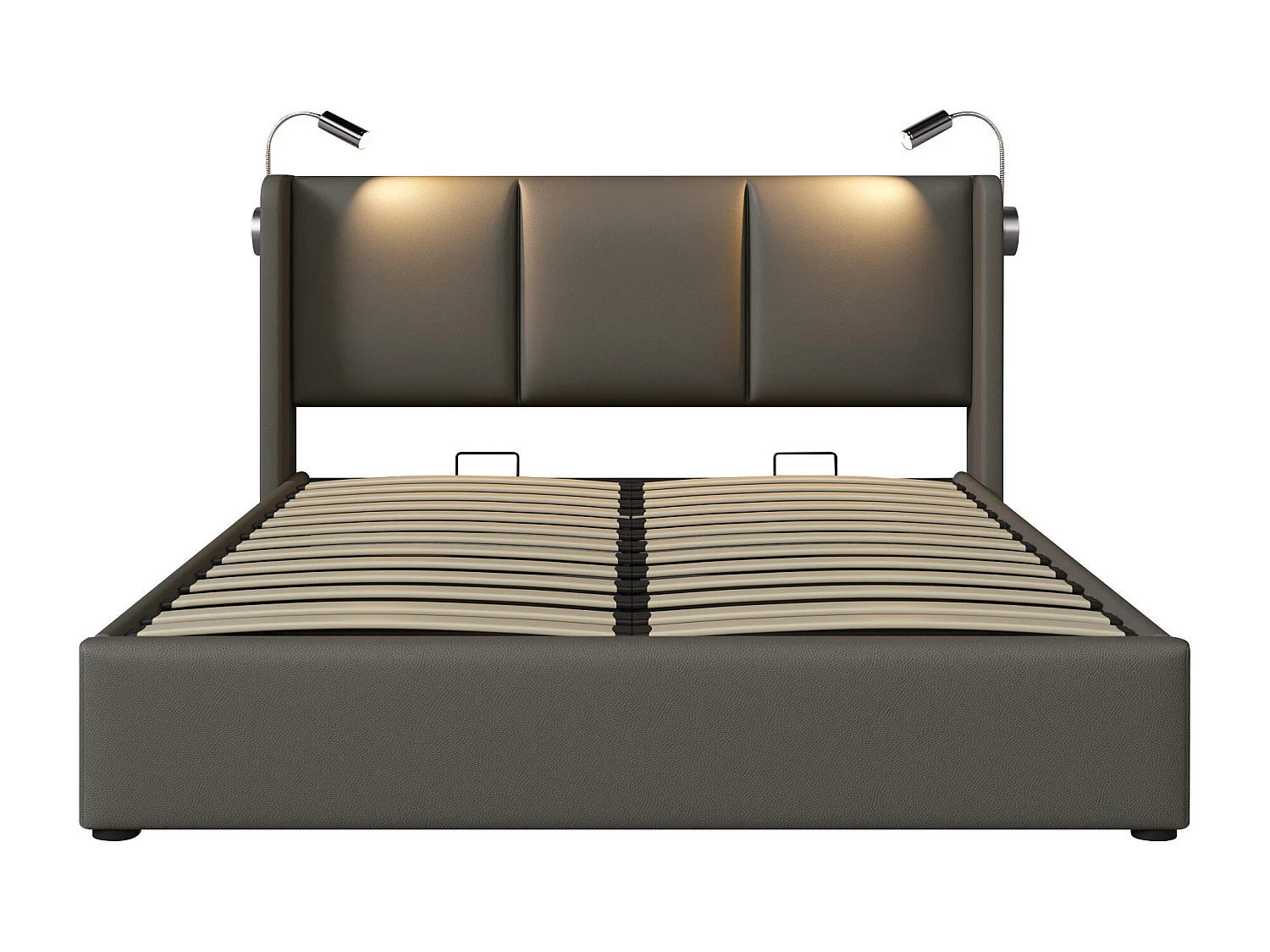 Bett mit Stauraum 140 x 200 cm – Kopfteil mit Leselampe und USB-Anschluss – graues PU – Matratze inklusive