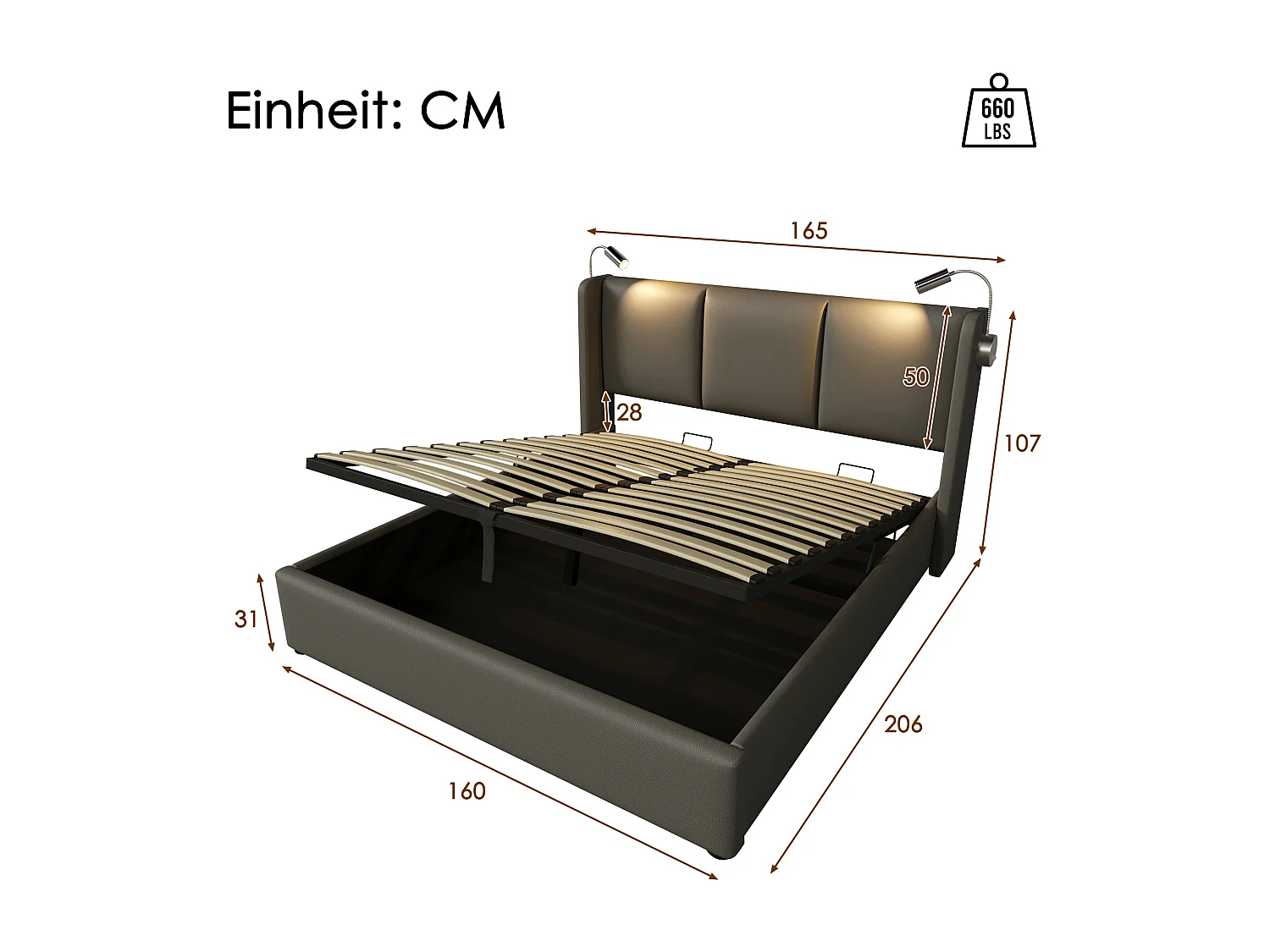 Bett mit Stauraum 160 x 200 cm – Kopfteil mit Leselampe und USB-Anschluss – graues PU – Matratze inklusive