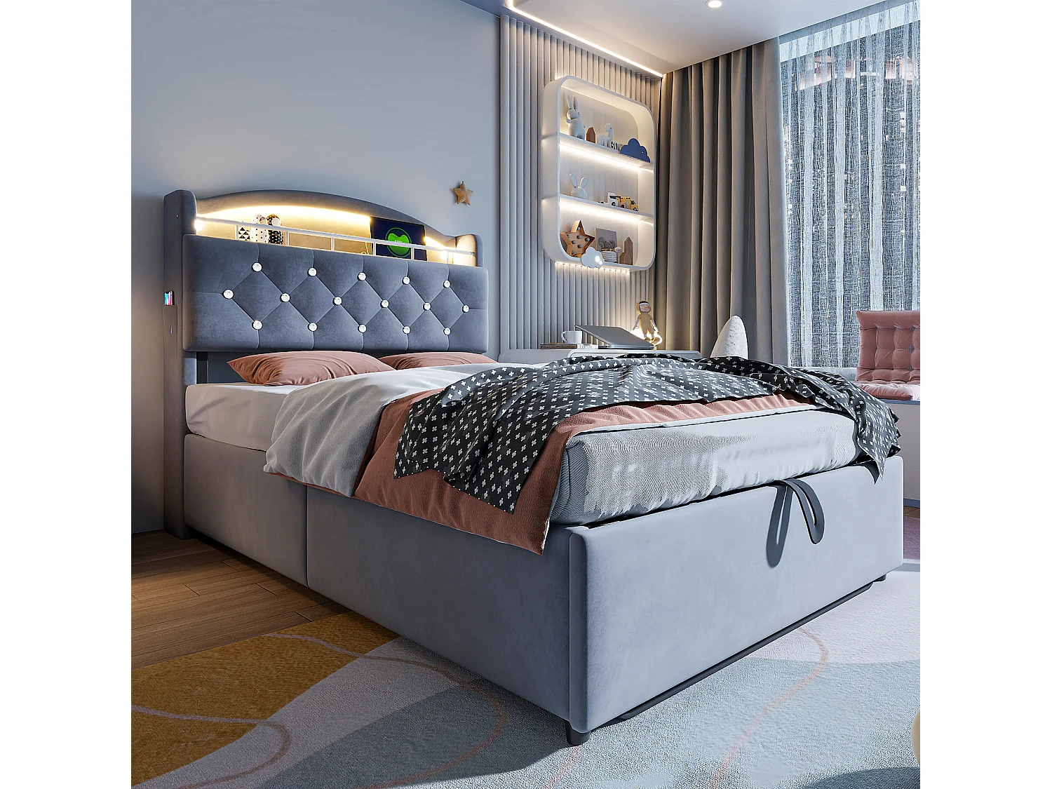 Lit enfant 90x200 - avec tête de lit avec rangement, LED, USB / Type-C, sommier à lattes - en velours - gris