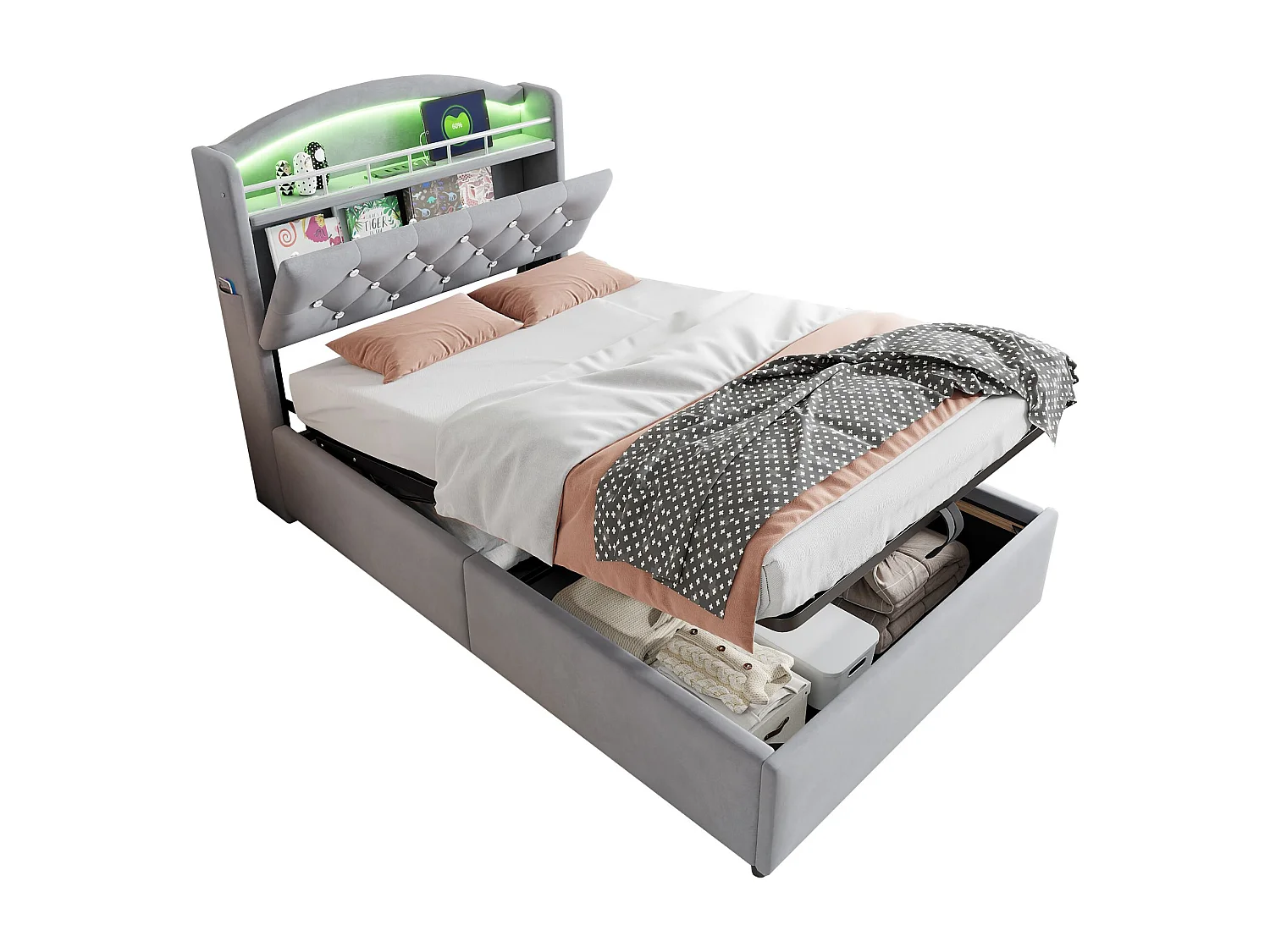 Lit enfant 90x200 - avec tête de lit avec rangement, LED, USB / Type-C, sommier à lattes - en velours - gris