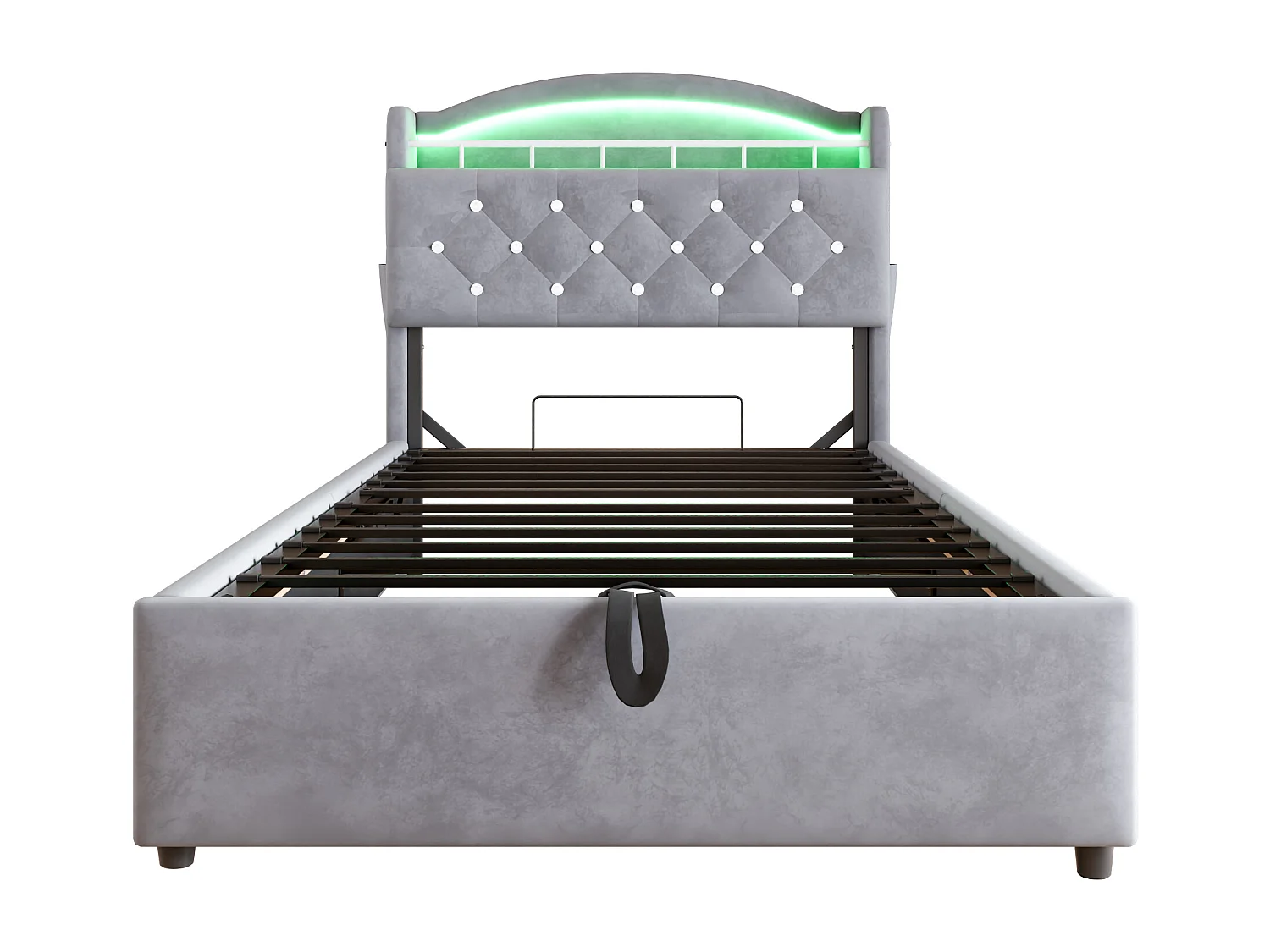 Lit enfant 90x200 - avec tête de lit avec rangement, LED, USB / Type-C, sommier à lattes - en velours - gris