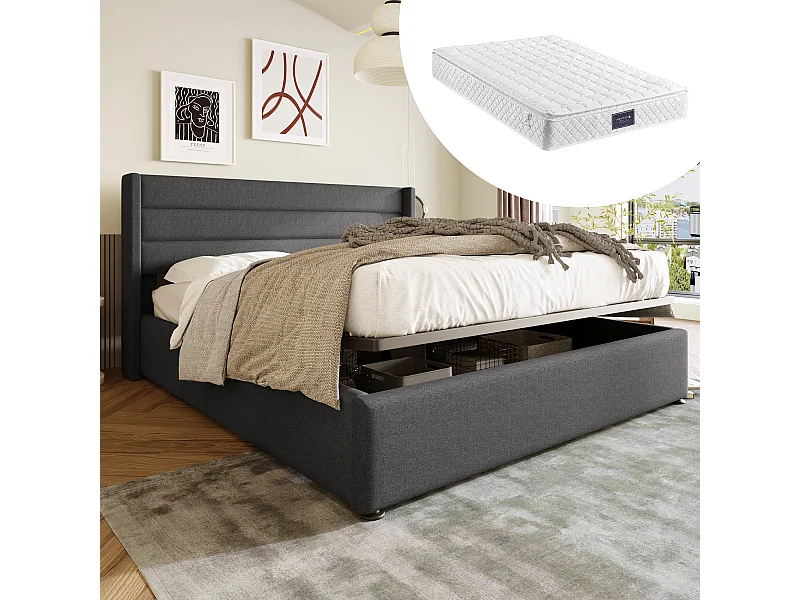 Opbergbed 140x200 cm - Volwassen bed met hoofdeinde - linnengrijs - inclusief matras