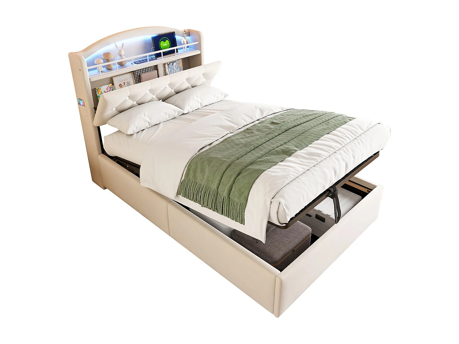 Lit enfant 90x200 - avec tête de lit avec rangement, éclairage LED, USB et Type-C, sommier à lattes - en tissu - beige