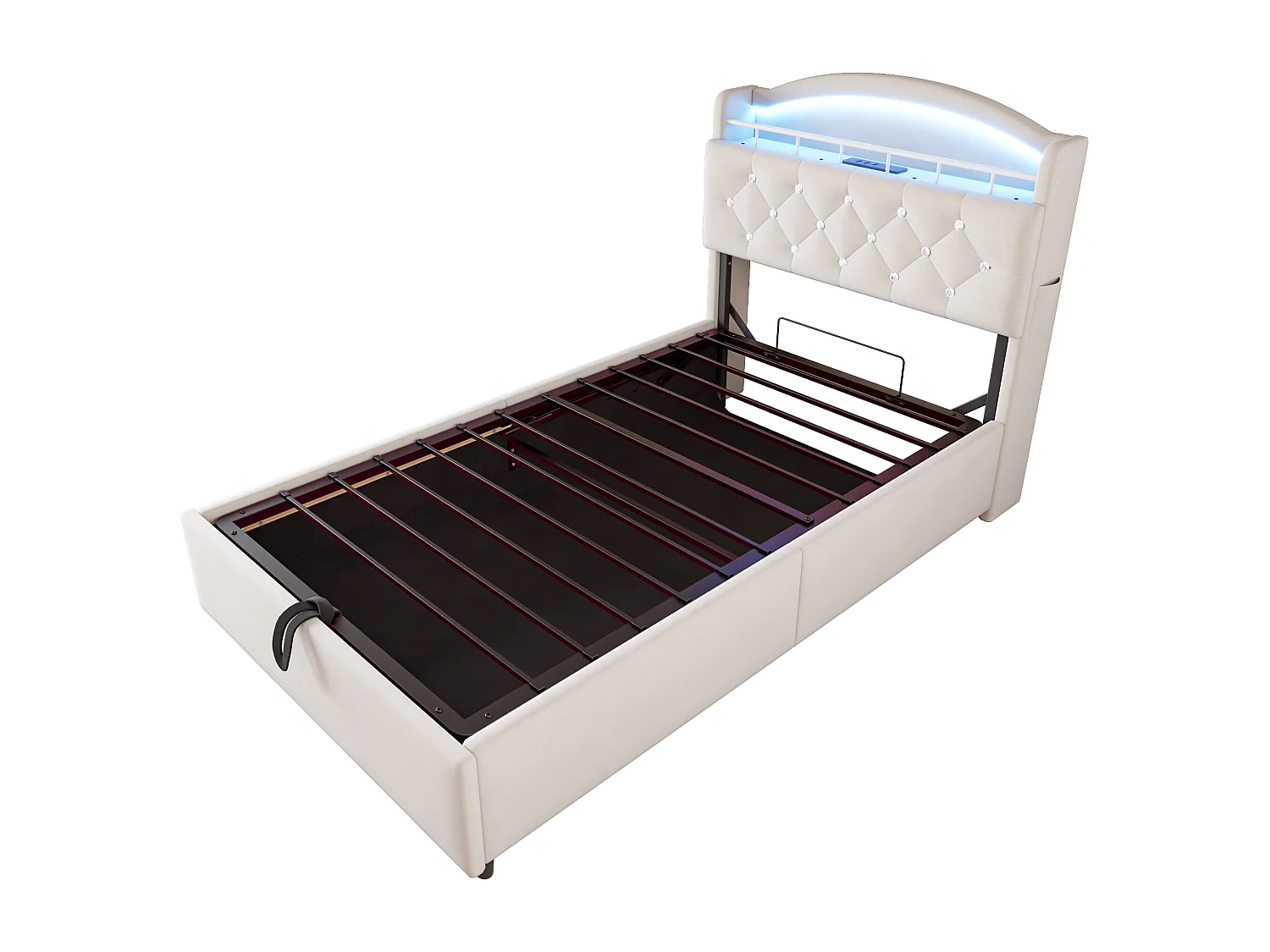 Lit enfant 90x200 - avec tête de lit avec rangement, éclairage LED, USB et Type-C, sommier à lattes - en tissu - beige