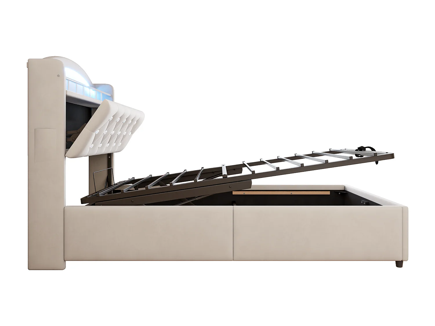 Lit enfant 90x200 - avec tête de lit avec rangement, éclairage LED, USB et Type-C, sommier à lattes - en tissu - beige