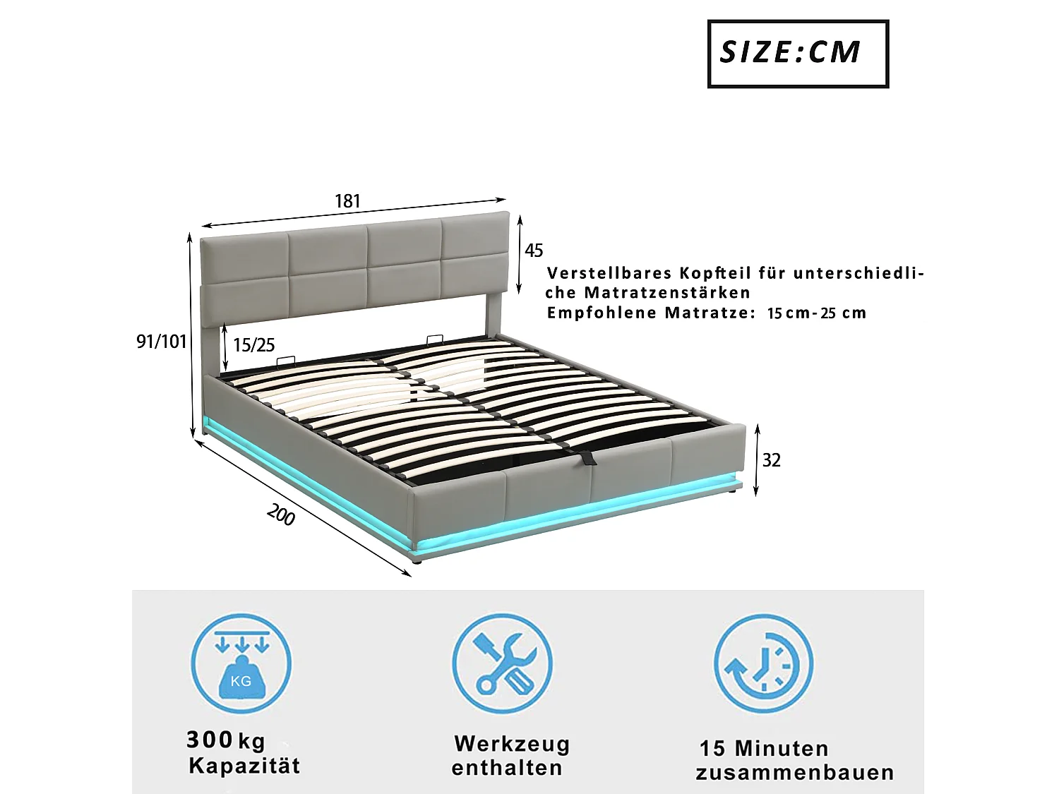 Bett mit Stauraum 180 x 200 cm – mit verstellbarem Kopfteil und LED-Beleuchtung – hellgraues PU – Matratze nicht im Lieferumfang enthalten