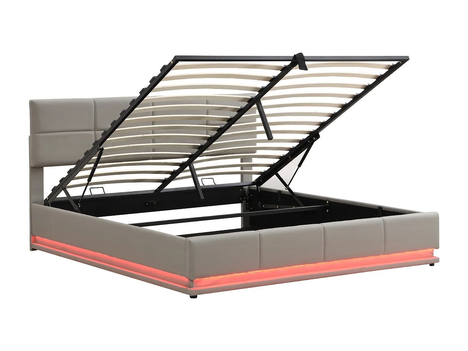 Bett mit Stauraum 180 x 200 cm – mit verstellbarem Kopfteil und LED-Beleuchtung – hellgraues PU – Matratze nicht im Lieferumfang enthalten