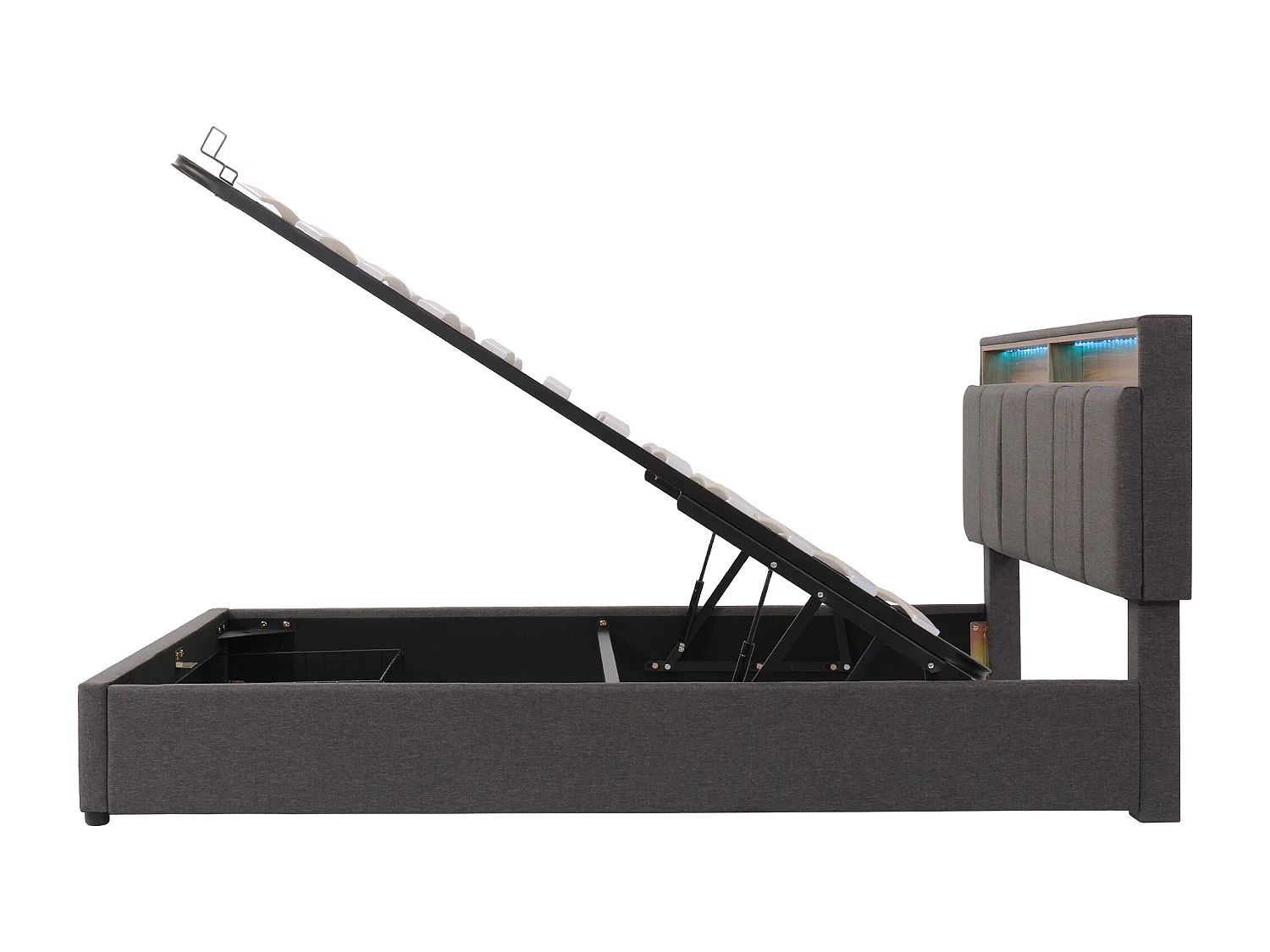 Cama con almacenaje de 140x200 cm - Cama para adultos con iluminación LED y cajones - Gris lino - Colchón no incluido