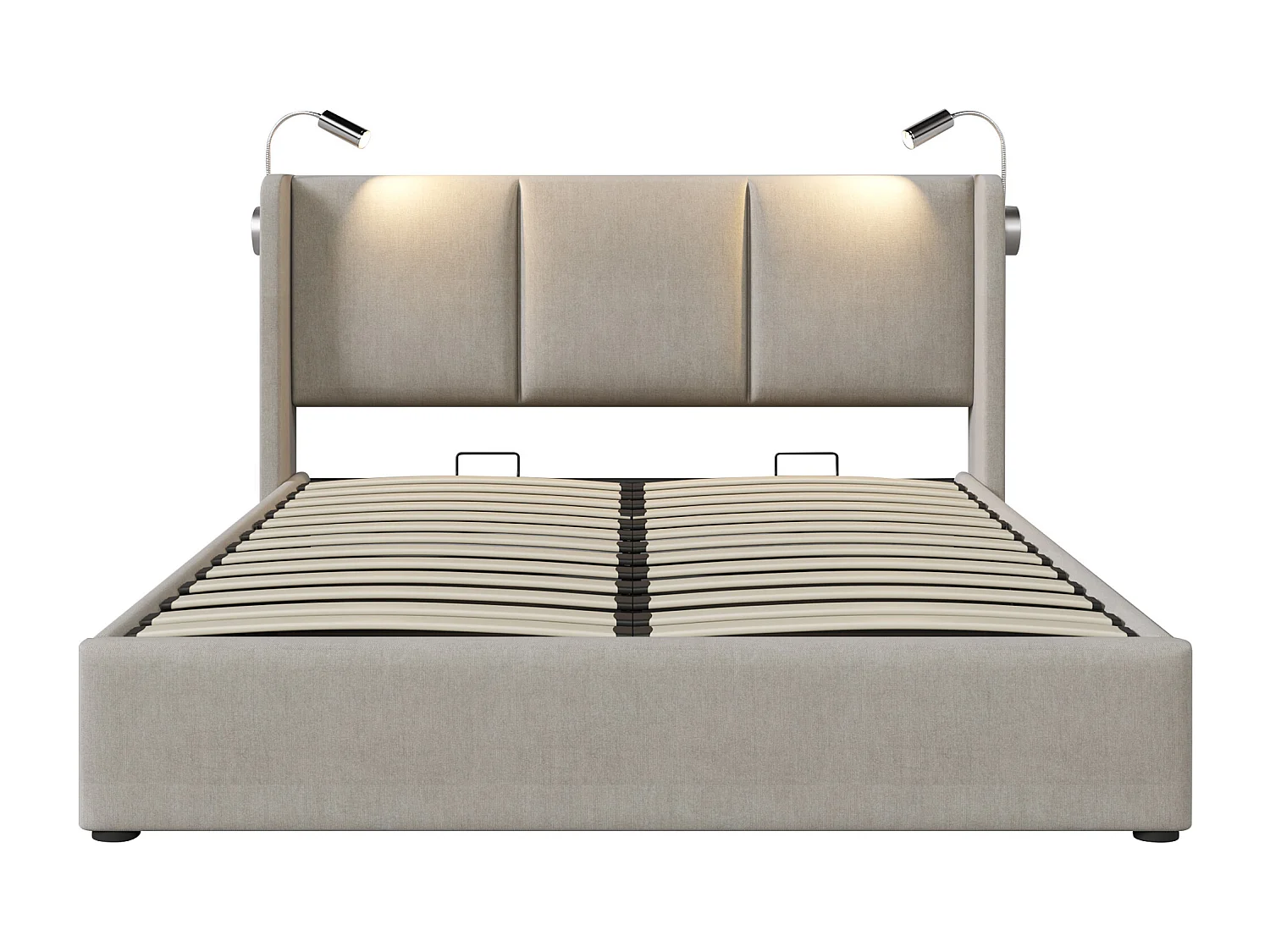Lit coffre 160 x 200 cm - tête de lit avec liseuse et port USB - lin beige - matelas inclus