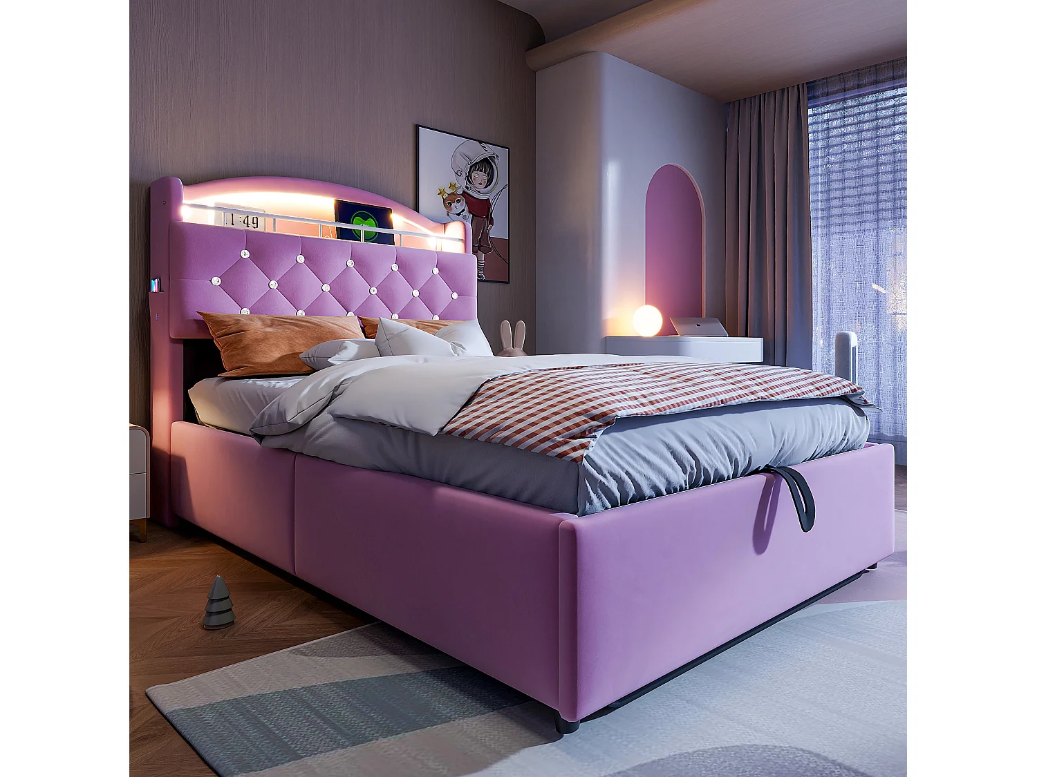 Lit enfant 90x200 - avec tête de lit avec rangement, LED, USB et Type-C - en velours - rose