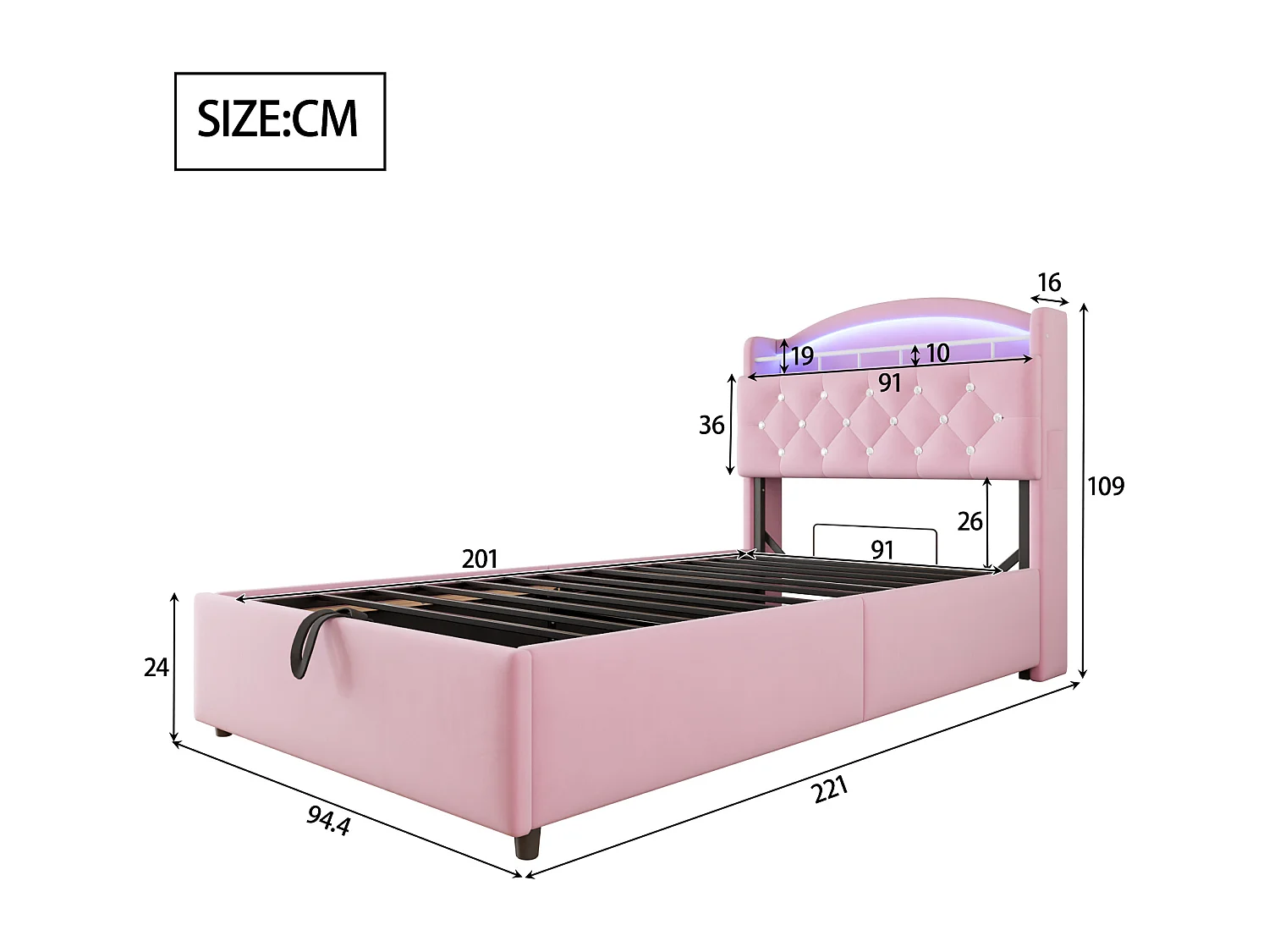 Lit enfant 90x200 - avec tête de lit avec rangement, LED, USB et Type-C - en velours - rose