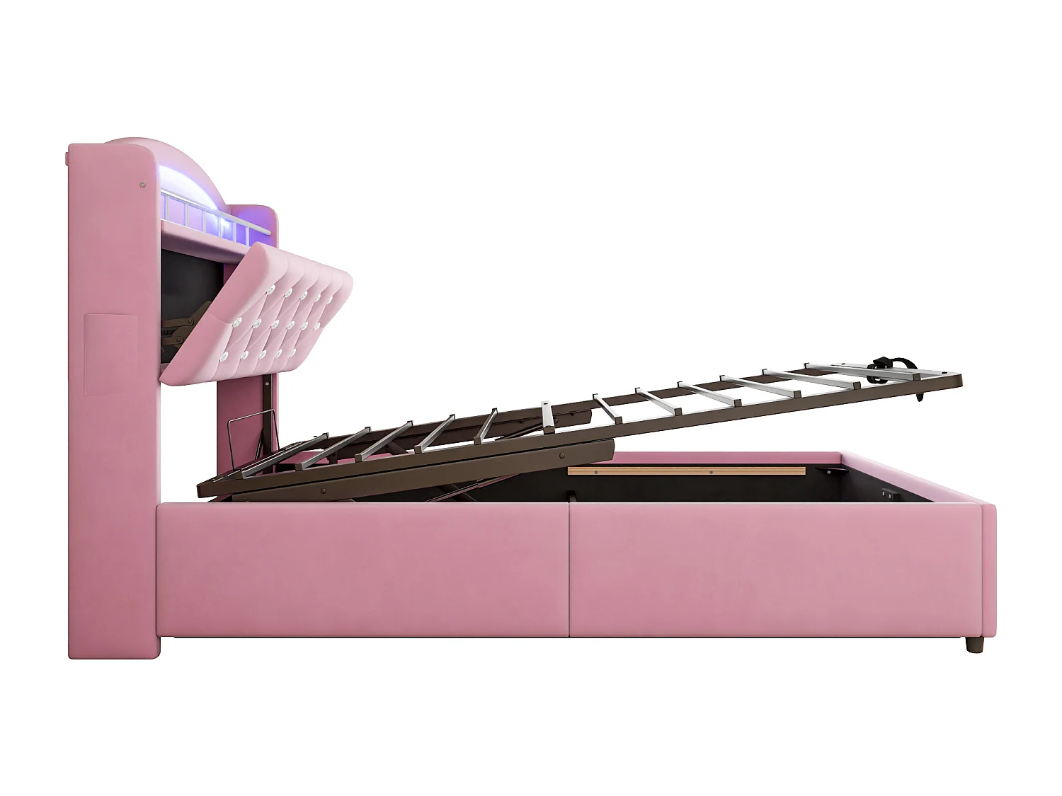 Lit enfant 90x200 - avec tête de lit avec rangement, LED, USB et Type-C - en velours - rose