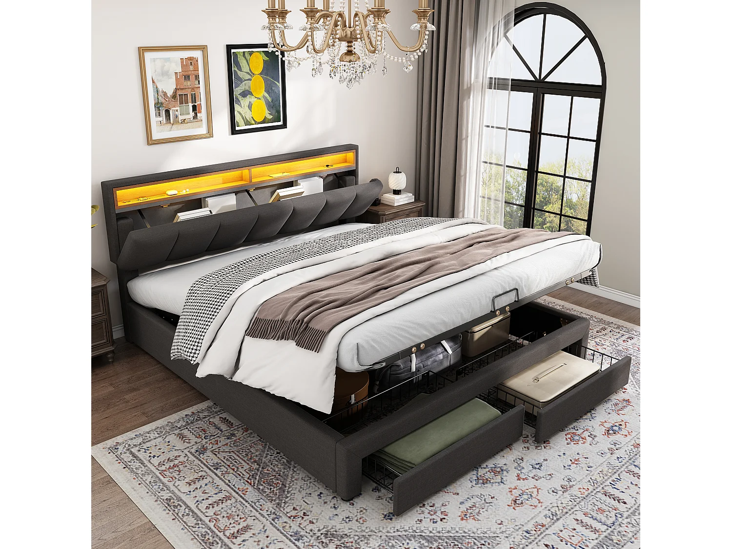 Opbergbed 180x200 cm - Volwassen bed met LED-verlichting en lades - linnengrijs - matras niet inbegrepen