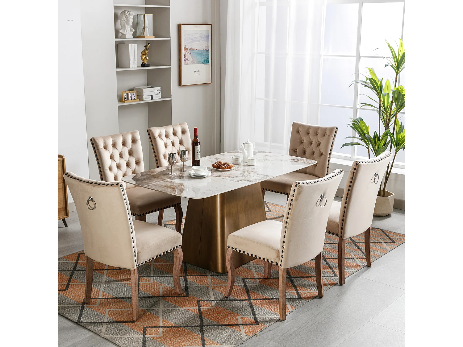 Juego de 6 sillas de comedor - silla de comedor de terciopelo color camel - con respaldo acolchado y patas de madera