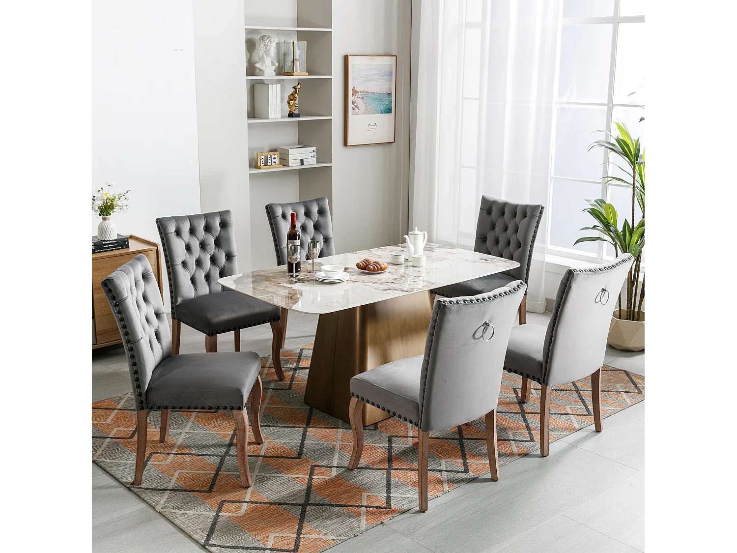 Set van 6 eetkamerstoelen - grijze fluwelen eetkamerstoel - met gewatteerde rugleuning en houten poten