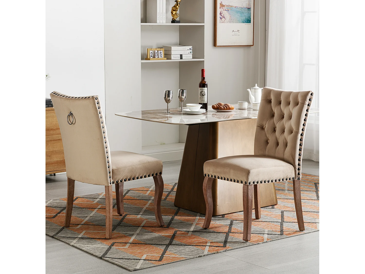 Juego de 2 sillas de comedor - silla de comedor de terciopelo color camel - con respaldo acolchado y patas de madera