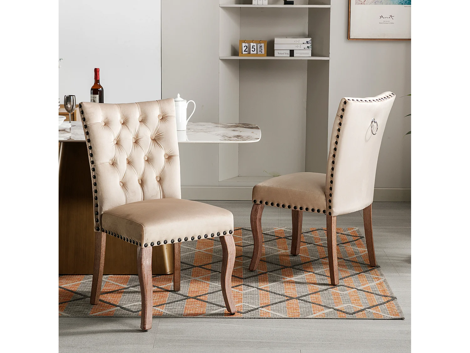 Juego de 2 sillas de comedor - silla de comedor de terciopelo color camel - con respaldo acolchado y patas de madera