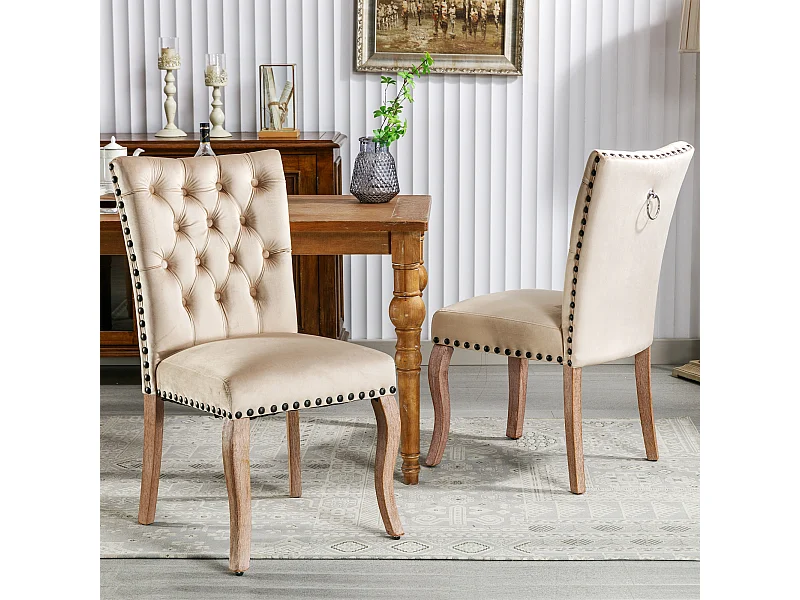 Juego de 2 sillas de comedor - silla de comedor de terciopelo color camel - con respaldo acolchado y patas de madera