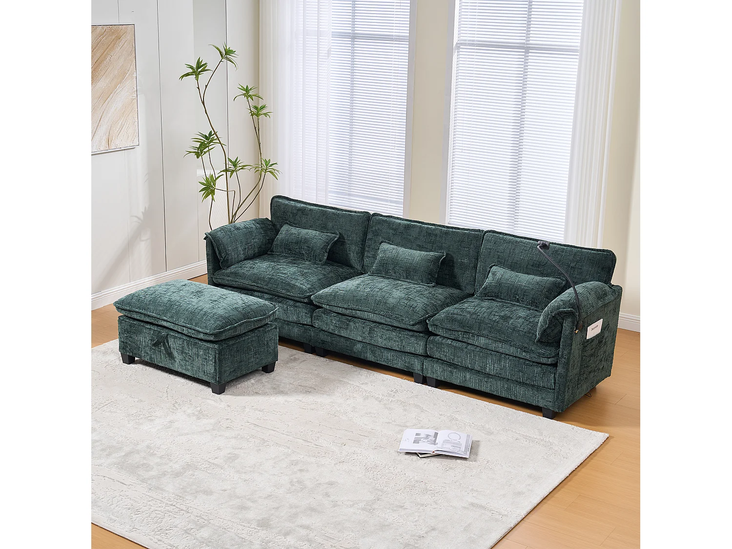 Sofá de 3 plazas con otomana - Sofá esquinero con soporte para teléfono y bolsillos laterales - Chenilla verde esmeralda