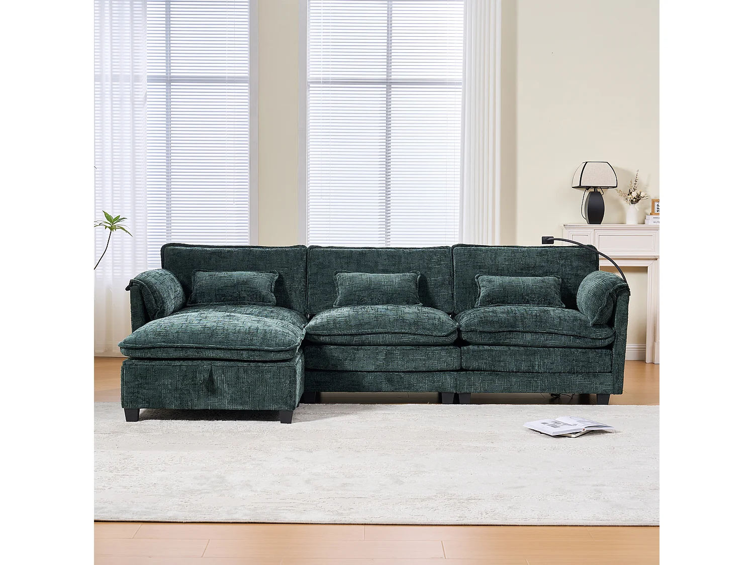 Sofá de 3 plazas con otomana - Sofá esquinero con soporte para teléfono y bolsillos laterales - Chenilla verde esmeralda