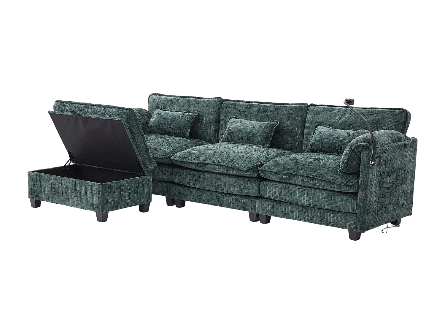 Sofá de 3 plazas con otomana - Sofá esquinero con soporte para teléfono y bolsillos laterales - Chenilla verde esmeralda