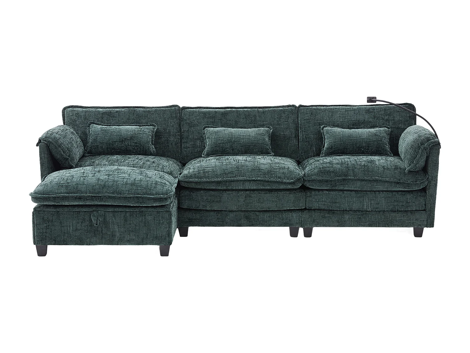 Sofá de 3 plazas con otomana - Sofá esquinero con soporte para teléfono y bolsillos laterales - Chenilla verde esmeralda