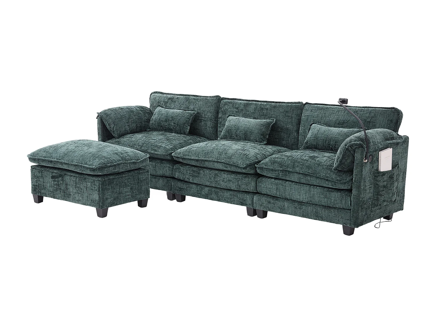 Sofá de 3 plazas con otomana - Sofá esquinero con soporte para teléfono y bolsillos laterales - Chenilla verde esmeralda