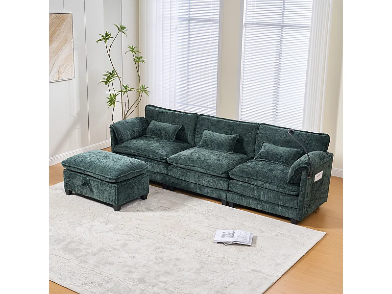 Canapé 3 places avec pouf - Canapé d'angle avec support pour téléphone et poches latérales - chenille vert émeraude