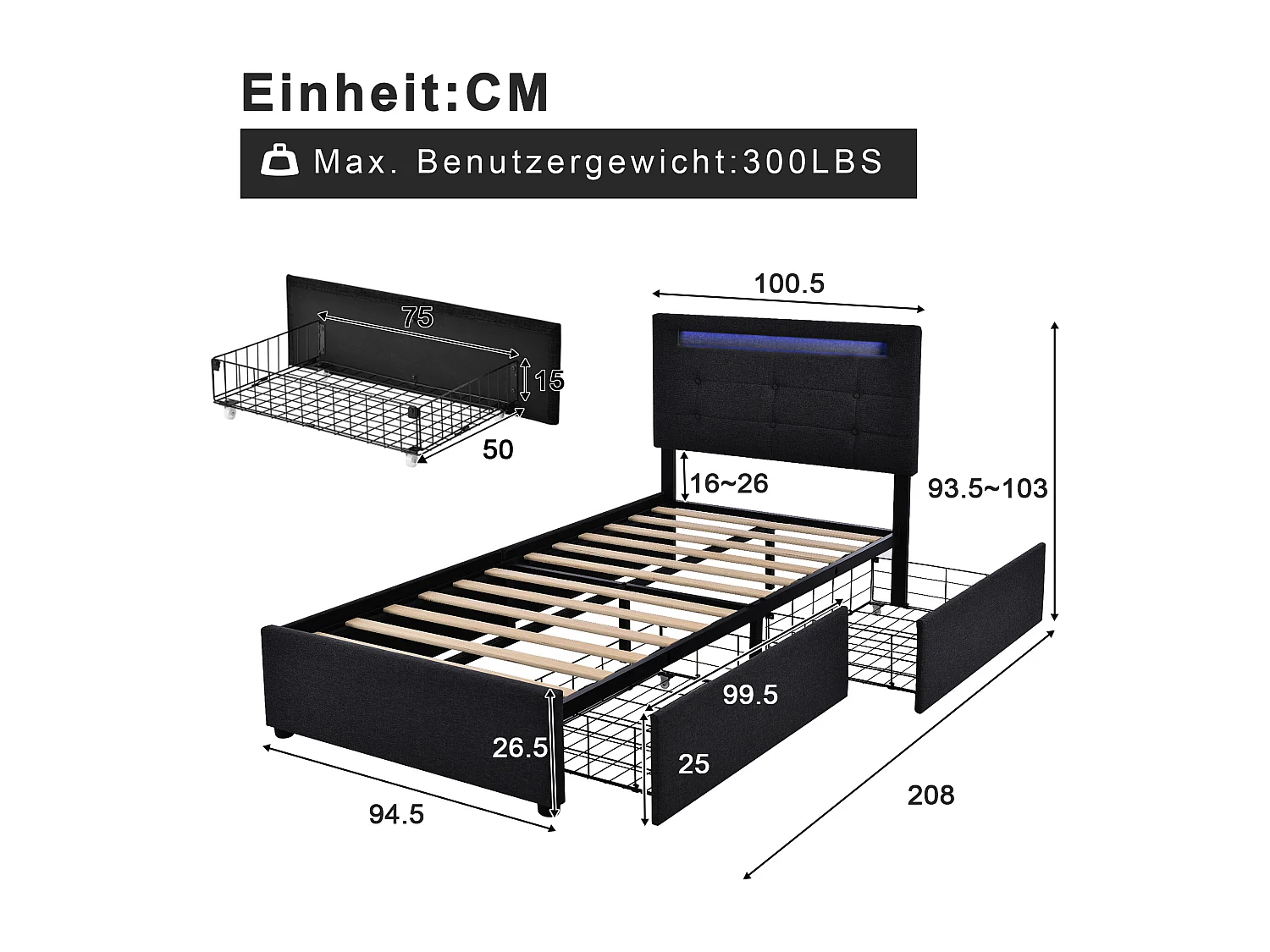 Letto per adulti 90x200 cm - Letto singolo con 2 cassetti e luce LED - lino nero - materasso incluso