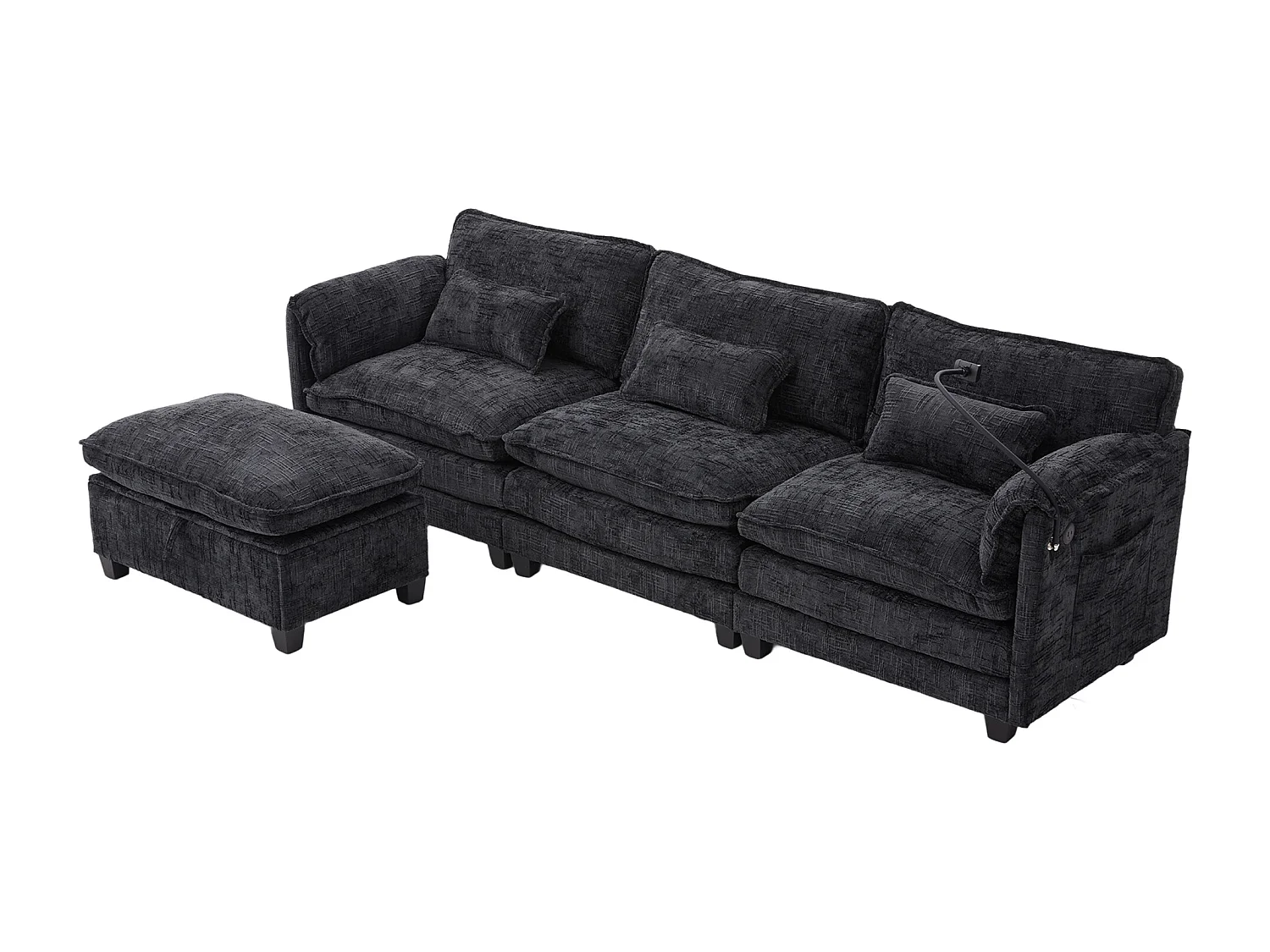 Sofá de 3 plazas con otomana - Sofá esquinero con soporte para teléfono y bolsillos laterales - chenilla negra