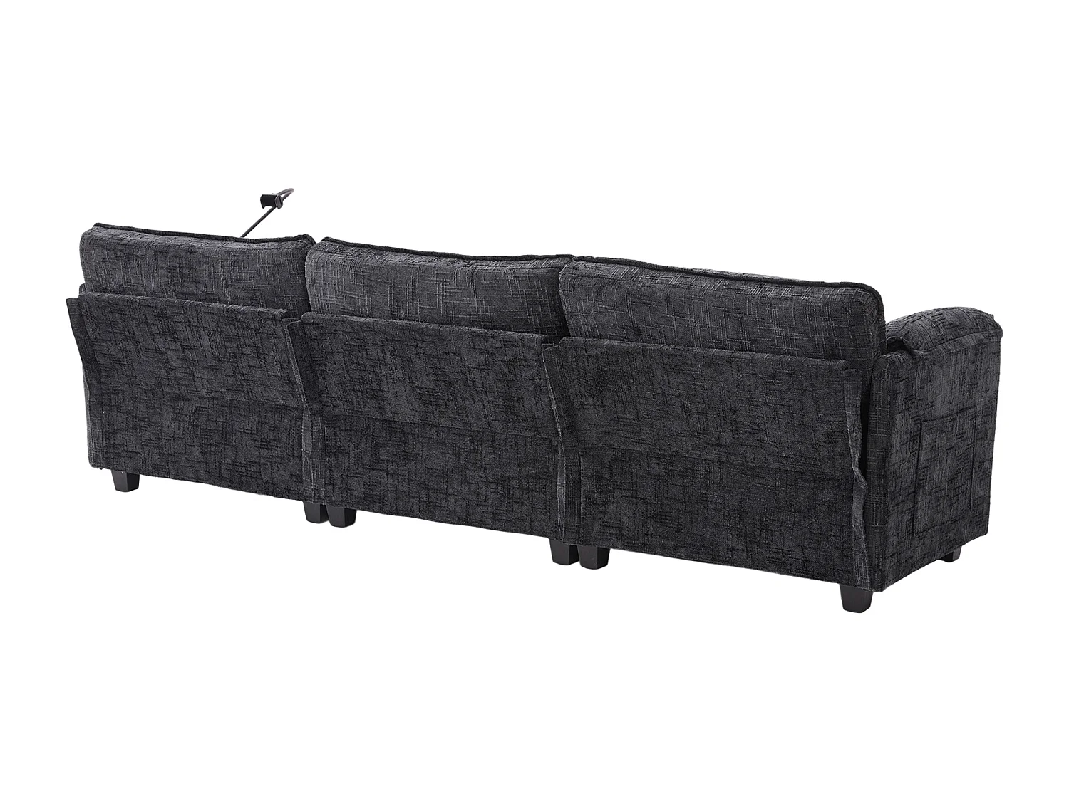 Sofá de 3 plazas con otomana - Sofá esquinero con soporte para teléfono y bolsillos laterales - chenilla negra