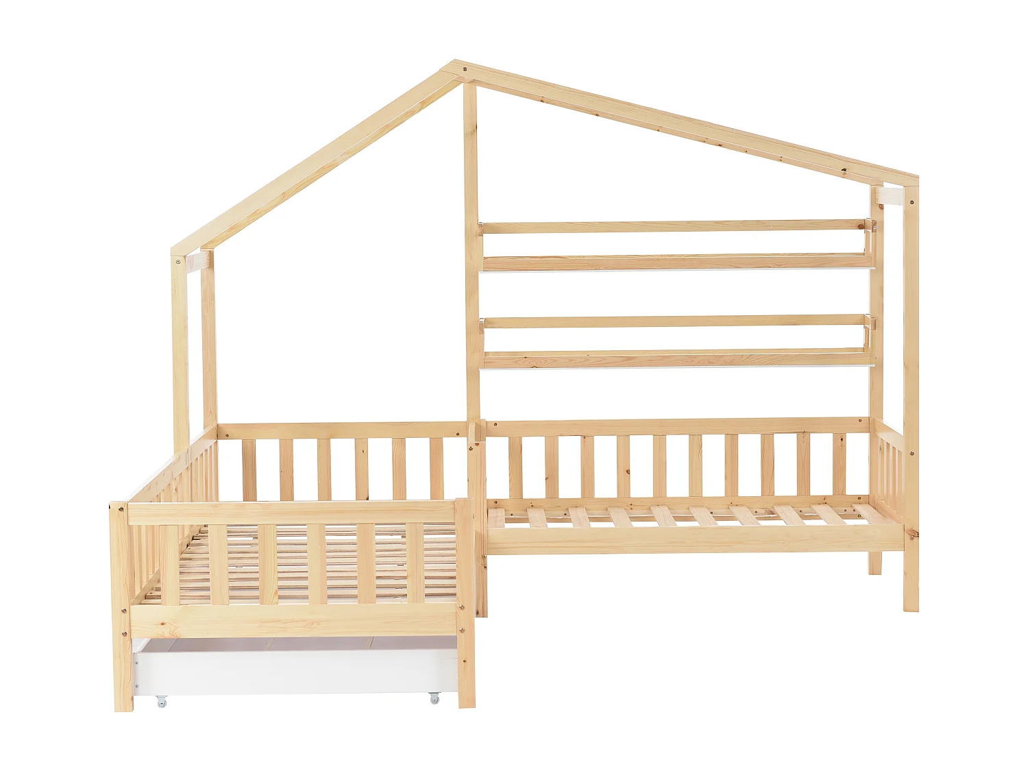 Lit cabane 90 x 200cm et 140 x 70cm - avec tiroirs et étagères de rangement - bois naturel - matelas non inclus