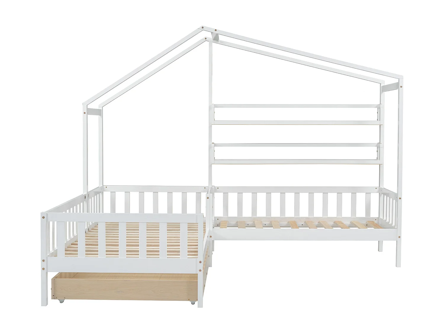 Lit cabane 90 x 200cm et 140 x 70cm - avec tiroirs et étagères de rangement - bois blanc - matelas non inclus