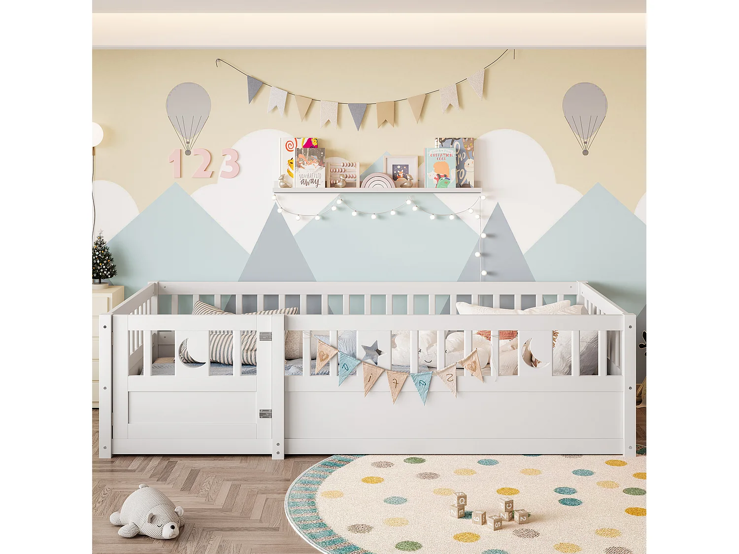 Lit enfant blanc 90 x 190 cm - Lit simple avec barrières de sécurité et porte - sans sommier - matelas non inclus