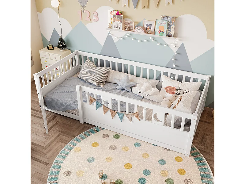 Weißes Kinderbett 90 x 190 cm – Einzelbett mit Sicherheitsgittern und Tür – ohne Lattenrost – Matratze nicht im Lieferumfang enthalten