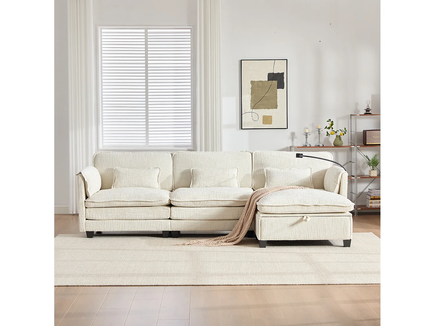 Sofá de 3 plazas con otomana - Sofá esquinero con soporte para teléfono y bolsillos laterales - chenilla beige